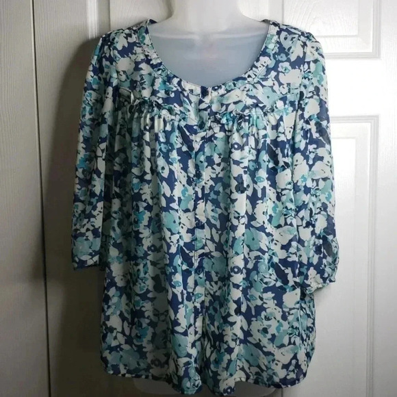 ELLE | Size S | Teal Blue Cream | Blouse - Picture 2 of 8